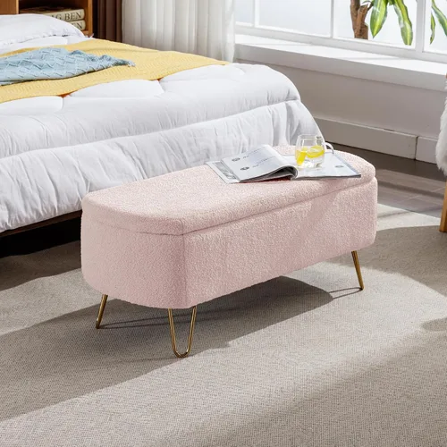 Vista 9 de TTK Otomana con almacenamiento para dormitorio, moderno banco otomano de piel sintética con patas de metal dorado, banco de entrada largo de sherpa
