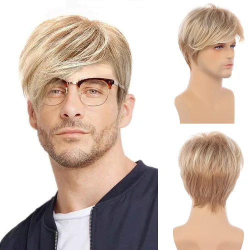 Vista 9 de Peluca corta marrón para hombre, cabello natural, repuesto sintético, disfraz de Halloween, pelucas completas Marrón oscuro