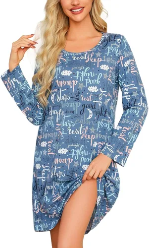 Vista 34 de ENJOYNIGHT Ropa de dormir de algodón para mujer, camisón de manga larga con estampado de camiseta para dormir ABC