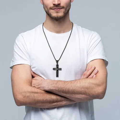 Vista 3 de YL Men's Cross Necklace 316L Stainless Steel Large Jesus Christ Pendant WhiteGoldBlack Jewelry Rolo Chain for 24