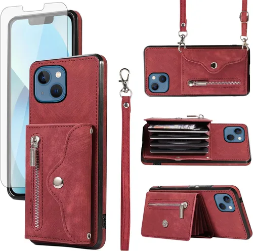 Vista 8 de Funda para iPhone 13 de 6.1 pulgadas con protector de pantalla de vidrio templado, correa cruzada para muñeca, soporte para tarjeta de crédito