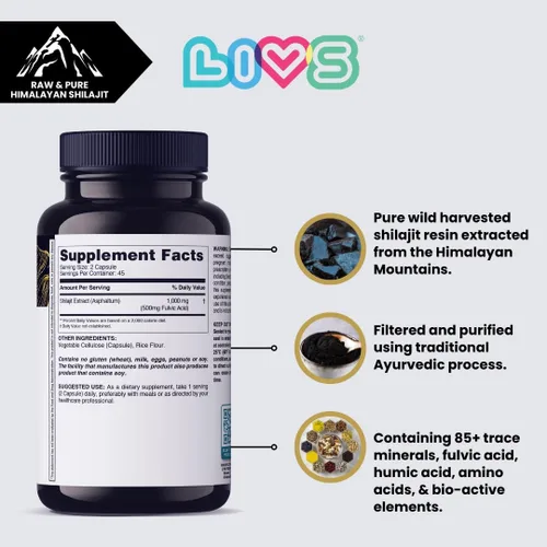 Vista 3 de LIVS Cápsulas puras de Shilajit del Himalaya para hombres, 1000 mg por porción con 50% de ácido fúlvico y más de 85 minerales traza, energía