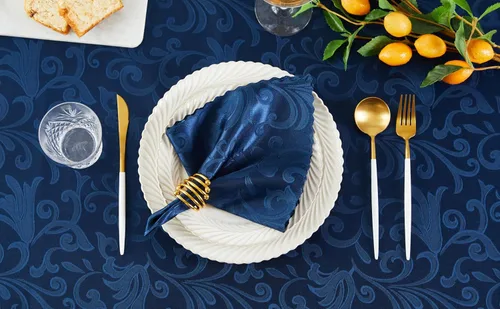 Vista 13 de 4 Piezas de Servilletas de Damascene de Onda Enrollada de Jacquard de Satén Azul Profundo del Mar, Servilletas de Tela de 17 x 17 Pulgadas Azul Deep