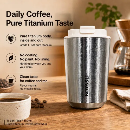 Vista 8 de KOYASU Ti-Zen - Taza de café de viaje de titanio puro, 12 onzas, vaso de café aislado a prueba de fugas con tapa roscada con sello roscado, sin