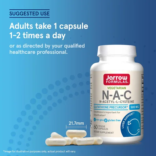 Vista 7 de Jarrow Formulas® N-A-C 500 mg, suplemento dietético, apoyo antioxidante para la salud del hígado, 60 cápsulas vegetales, suministro para 60 días