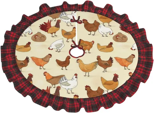Vista 2 de A Brood of Chickens - Falda de árbol de Navidad de 30 pulgadas con borde de cuadros búfalo rojos y negros, decoración para Feliz Navidad, casa