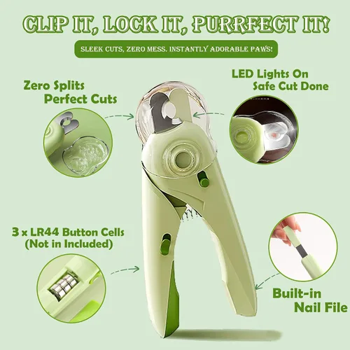 Vista 3 de Cepillo autolimpiante para gatos, cortaúñas con luz LED y lima de uñas Verde