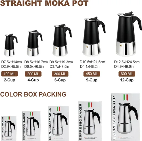 Vista 2 de Estufa de 2 tazas de acero inoxidable, cafetera italiana, capacidad para café moca, cocina clásica de inducción para el hogar y campamento, 3.3