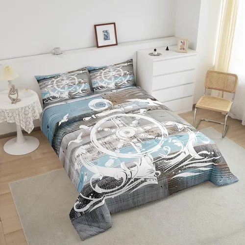 Vista 3 de Erosebridal Juego de edredón de ancla náutica, juego de ropa de cama con brújula oceánica, tamaño individual para niños, adolescentes y adultos