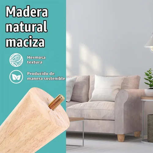 Vista 6 de Juego de 4 patas redondas de madera maciza de 2 pulgadas para muebles, sofá cama, silla de café, escritorio, patas rectas con pernos preperforados