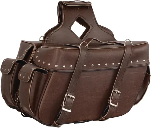 Vista 13 de Maleta impermeable de cuero genuino para motocicleta con funda para pistola en el interior marrón y negro tachuela/sin tachuelas