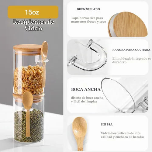 Vista 4 de Tarro de vidrio hermético con tapa y cuchara de bambú, recipientes de vidrio de 15 onzas con tapa para té de granos de especias, recipiente