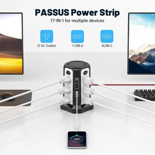 Vista 8 de PD65W USB C Estación de carga rápida de escritorio, regleta de alimentación PASSUS con 12 salidas de CA 4 USB C 1 USB A, cable de extensión