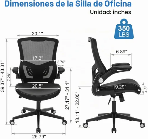 Vista 2 de Silla de oficina ergonómica de escritorio de 350 libras, cómoda silla de computadora de malla con soporte lumbar ajustable, reposabrazos abatibles