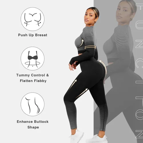 Vista 5 de FeelinGirl Conjuntos de entrenamiento para mujer, 2 piezas, manga larga, trajes de yoga, gimnasio, sin costuras, acanalados, cintura alta, leggings