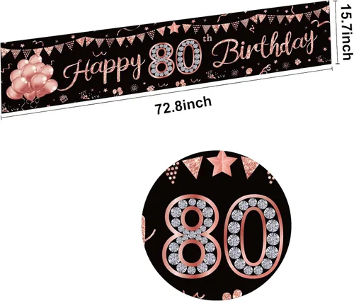 Vista 2 de Cartel de feliz cumpleaños número 80 para mujer, suministros de fiesta de cumpleaños de 80 años de color oro rosa, póster fotográfico