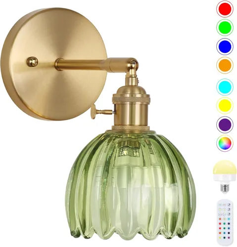 Vista 9 de Juego de dos apliques de pared vintage, funciona con pilas, con pantalla de cristal de tulipán verde oscuro, lámpara de pared recargable con control