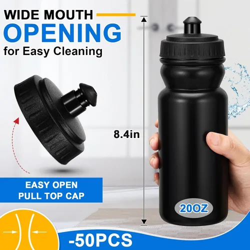 Vista 2 de 50 botellas de agua deportivas de 20 onzas, botellas de agua de plástico reutilizables a granel, botellas de agua en blanco sin BPA para eventos
