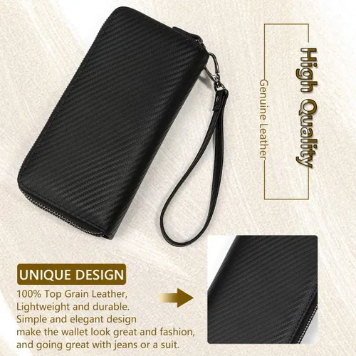 Vista 6 de LUUFAN Billetera larga de cuero genuino para hombre, cartera plegable grabada
