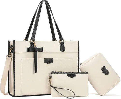 Vista 11 de Keyli 3 piezas Bolsa para Laptop para Mujeres, 15.6 Pulgadas Bolsa de Lona Tote Bolsas de Trabajo Grandes Maletín de Computadora de Negocios Bolso