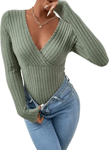 Vista 4 de SweatyRocks Body de manga larga para mujer, con cuello en V, tejido acanalado
