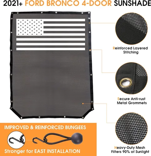 Vista 4 de Parasol para Ford Bronco Accesorios 2021 2022 2023 2024 2025 4 puertas, delantero y trasero de malla de longitud completa, cubierta superior Bimini