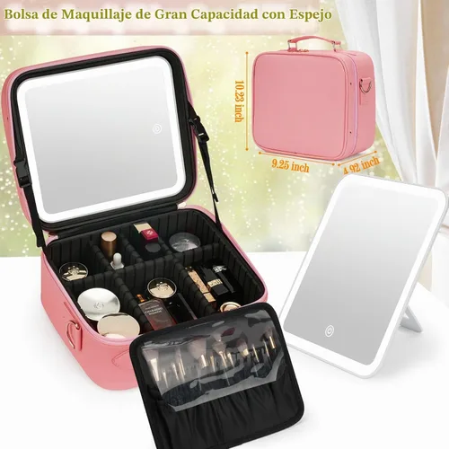 Vista 2 de Bolsa de Maquillaje de Viaje con Espejo Iluminado, Estuche de Maquillaje de Viaje con Divisores Ajustables, Estuche de Maquillaje Impermeable