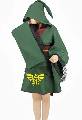 Vista 2 de Disfraz de anime para mujer diseño de kimono chaqueta con capucha falda corta conjunto de ropa verde S S