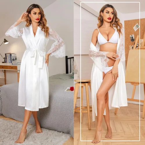 Vista 4 de Avidlove Bata tipo kimono de encaje floral para mujer, de manga larga, bata de baño, bata de novia