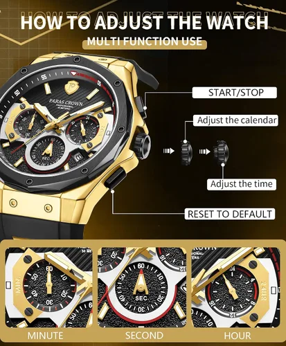 Vista 4 de Paras Crown Watch for Men Tonneau Waterproof Quartz Luxury Chronograph Analog Men's Wrist Watches