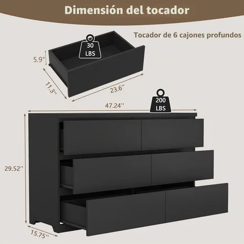 Vista 3 de Cómoda negra de 6 cajones para dormitorio, cómoda de cajones profundos moderna con diseño sin tirador, cómoda de almacenamiento con cajones, mueble