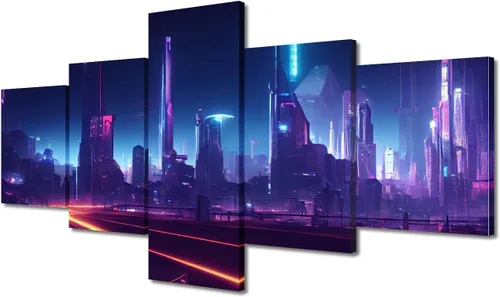 Vista 125 de Cuadros de 5 paneles de Cyberpunk City, arte de pared, representación de vallas publicitarias, edificios modernos en la capital con obras de arte