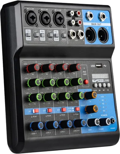 Vista 7 de Mezclador de Audio de 4 Canales, Mezclador DJ con Amplificador de Potencia, Tarjeta de Sonido de Audio con Alimentación Fantasma de 48V, Interfaz