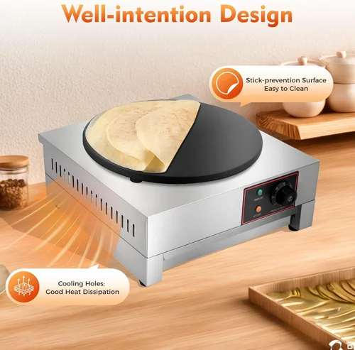 Vista 5 de Máquina eléctrica de crepé, máquina antiadherente de 16 pulgadas y 1700 W, plancha de crepes de placa plana comercial con luces indicadoras LED