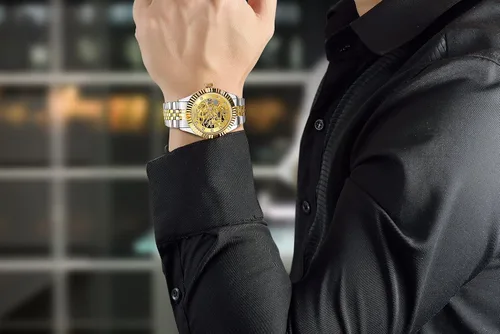 Vista 7 de BRIGADA Relojes para hombre, marca suiza, bonito y clásico, de lujo, dorado, mecánico, automático, para hombre, Oro