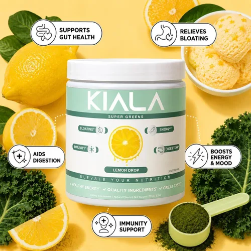 Vista 2 de Kiala Nutrition Super Greens, Polvo de vegetales orgánicos con espirulina y clorella para la digestión, salud intestinal, inmunidad, energía, sin