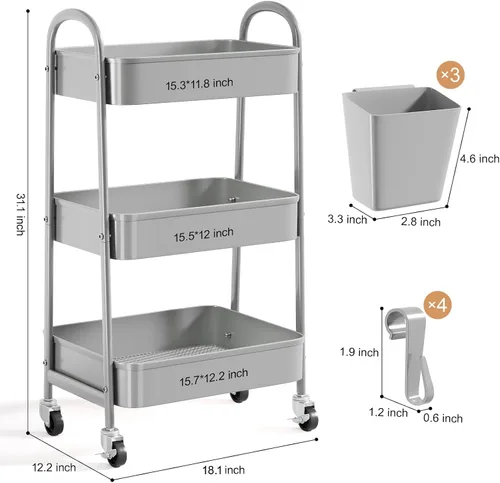 Vista 9 de Carrito rodante de 3 niveles de metal gris, carrito de almacenamiento de malla con asa y ruedas con cerradura, carritos organizadores