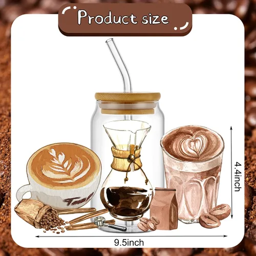 Vista 2 de KJMYYXGS Adhesivo de transferencia UV DTF, 5 hojas de café frotado en transferencias para tazas de vidrio de 16 onzas y calcomanías decorativas