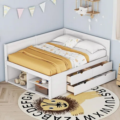 Vista 10 de Sofá cama de madera de tamaño matrimonial con 2 armarios de noche, estantes superiores y 4 cajones, marco de madera resistente, espacio de Marrón