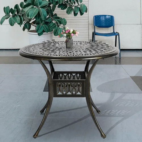 Vista 13 de Mesa de comedor al aire libre de 30.5 pulgadas, cuadrada, para patio, mesa de bistró, de aluminio fundido de bronce, mesa grande rústica con agujero