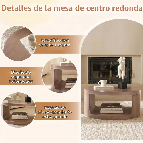 Vista 3 de Mesa auxiliar redonda con almacenamiento, mesa moderna de sala de estar de 31 pulgadas, mesas centrales de madera circulares de 2 niveles para Rosa