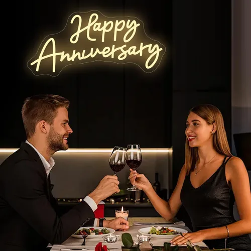 Vista 3 de Cartel grande de feliz aniversario con luces LED de neón para decoración de pared de 23 x 11 pulgadas, para esposa, marido, padres, boda, feliz