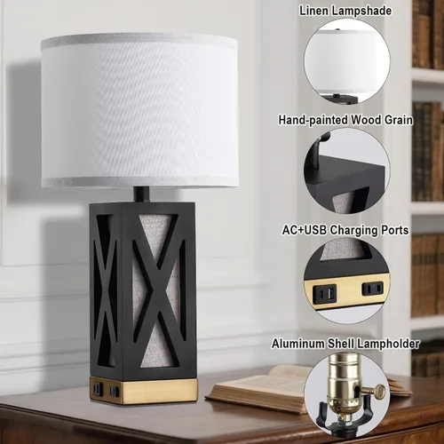 Vista 6 de Lámpara de mesa de madera con 3 temperaturas de color, lámpara de mesa de noche con salida de CA, puerto de carga USB A y C, lámpara de noche