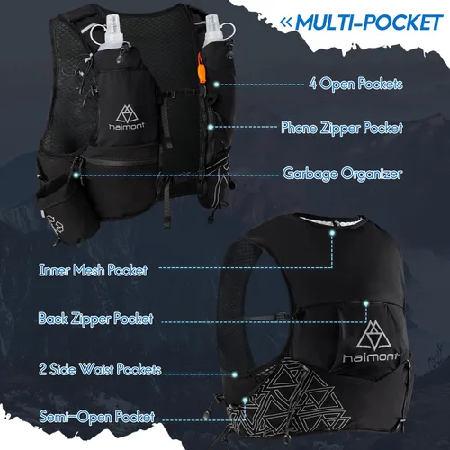 Vista 5 de Haimont Chaleco de hidratación para correr con botellas de agua para mujeres y hombres, mochila de agua ligera ajustable de 8 litros con frascos