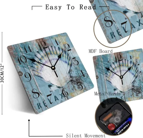 Vista 3 de Reloj retro de madera con ancla de vela, reloj de pared rústico con temática costera de océano, reloj colgante de grano de madera, silencioso a