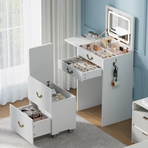 Vista 8 de FURSUN Tocador 3 en 1 con espejo abatible y luces, mesa de tocador compacta acanalada con 3 cajones, compartimento de almacenamiento y taburete