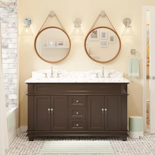 Vista 2 de Kitchen Bath Collection Elizabeth - Tocador de baño doble de 60 pulgadas (Carrara/Chocolate): incluye gabinete de chocolate con encimera de mármol