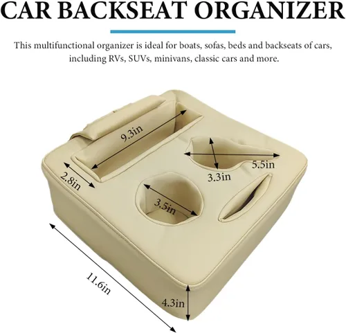 Vista 2 de Organizador para Asiento Trasero de Coche, Bandeja Expansora de Portavasos para Asiento Trasero de Automóvil de Cuero, Bandeja Portavasos