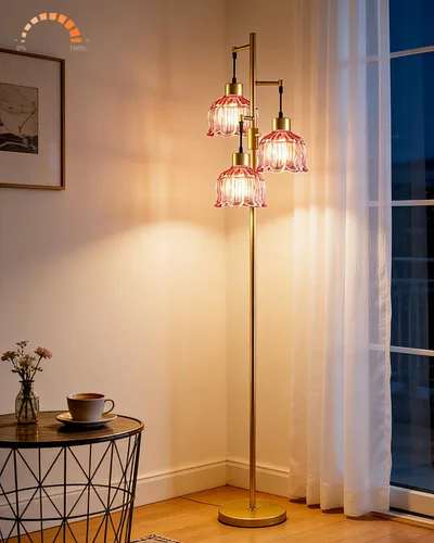 Vista 21 de Lámpara de pie moderna de cristal de 3 luces, lámpara alta de pie dorada con pantalla de vidrio de piña roja profunda, lámpara de pie LED regulable