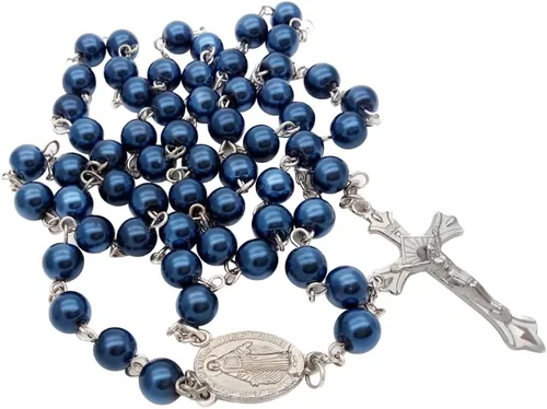 Vista 4 de Surakey Collar de rosas cruzadas, rosario de malaquita, cuentas de piedras preciosas, collar milagroso natural, crucifijo católico, oración